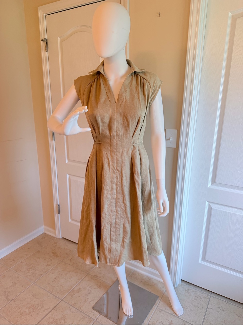 New OGL Tan Collared Waist-Defined Viscose/Linen Midi Dress w/drawstring Size XS